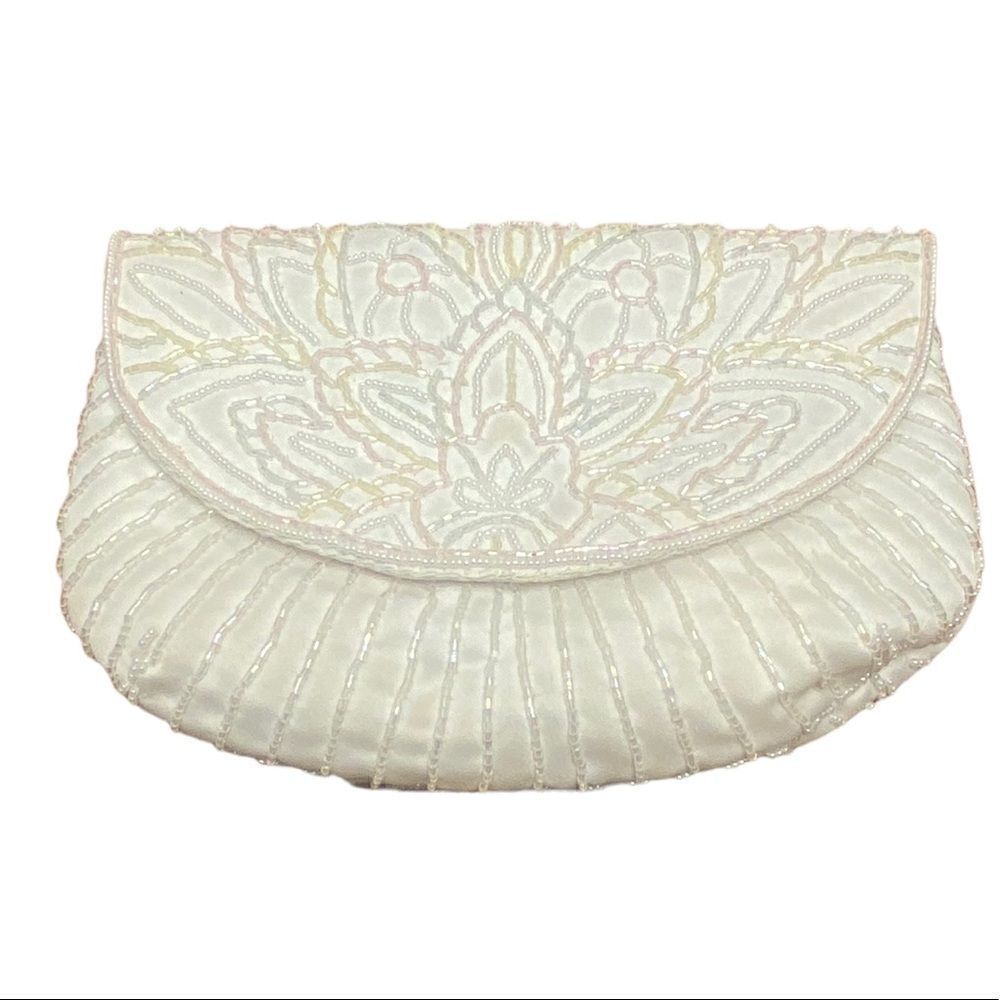 White wedding Prom beaded satin clutch with string crossbody all beads in tact